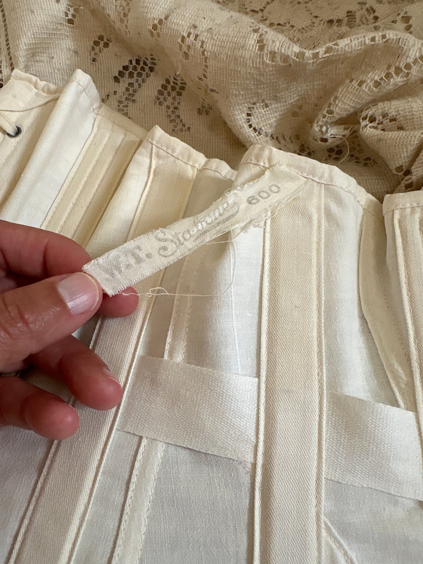 Antique 1910's S Bend Corset - Ivory Cotton Coutil with Ruffled Eyelet Cotton Frill by W.T. Sta-Bone