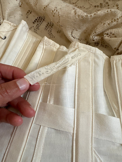 Antique 1910's S Bend Corset - Ivory Cotton Coutil with Ruffled Eyelet Cotton Frill by W.T. Sta-Bone