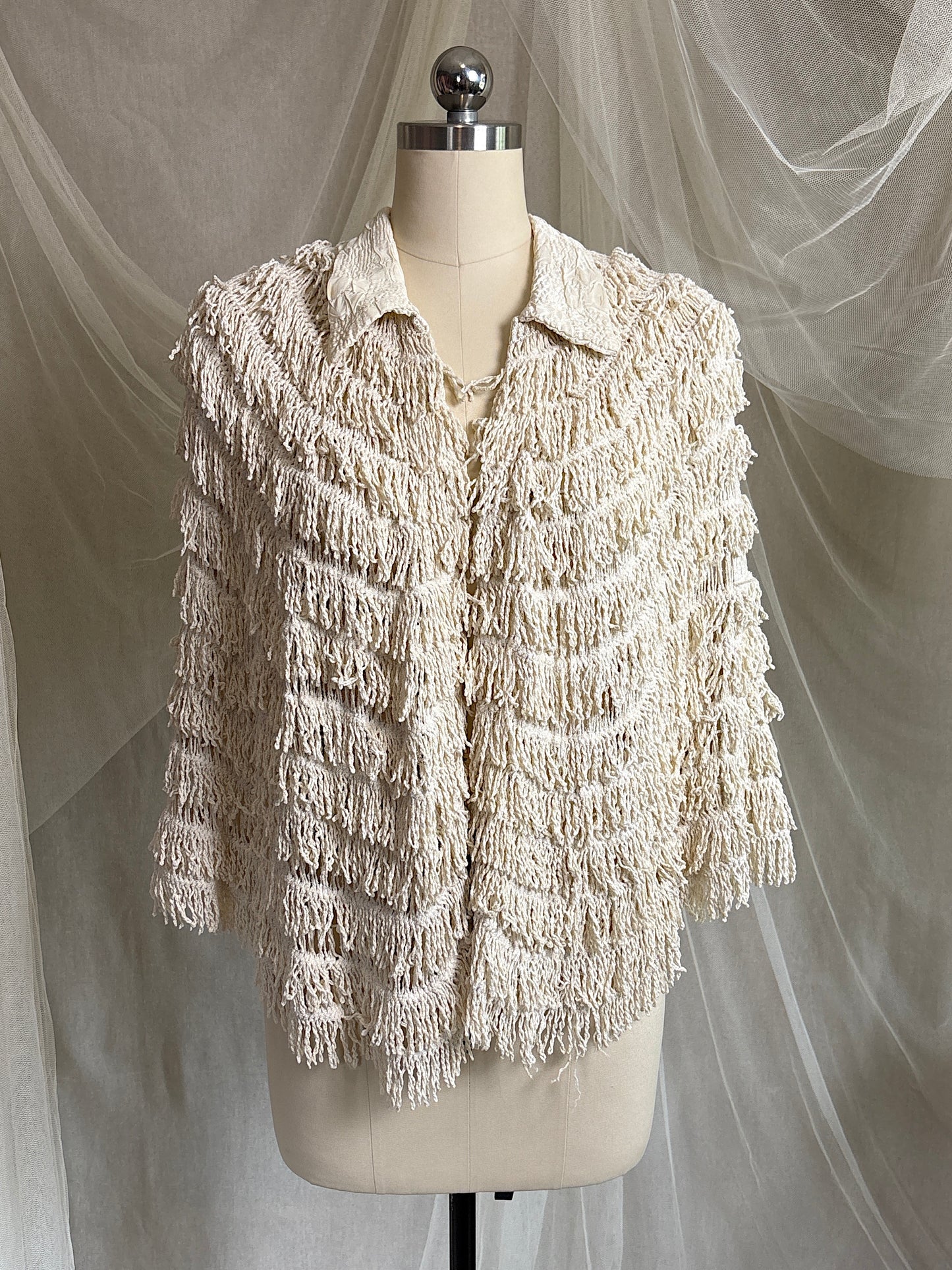 Antique 1920's Shawl - Bone White Silk Chenille Fringe with Taffeta | S, M, LG