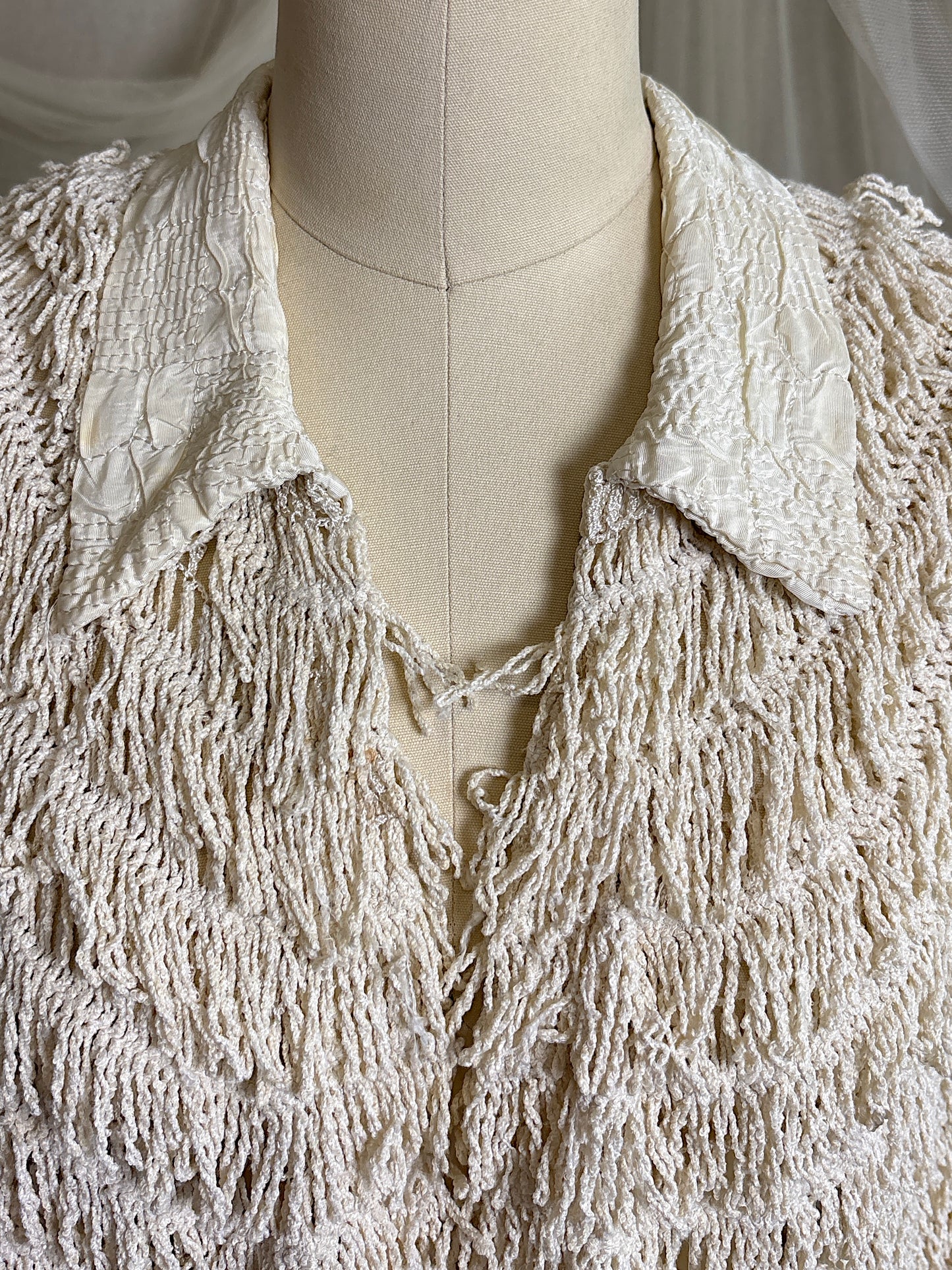 Antique 1920's Shawl - Bone White Silk Chenille Fringe with Taffeta | S, M, LG