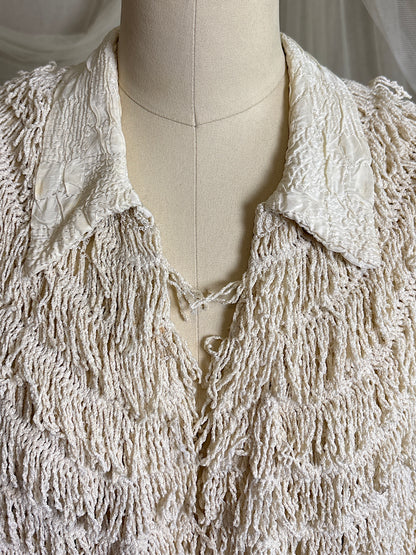 Antique 1920's Shawl - Bone White Silk Chenille Fringe with Taffeta | S, M, LG