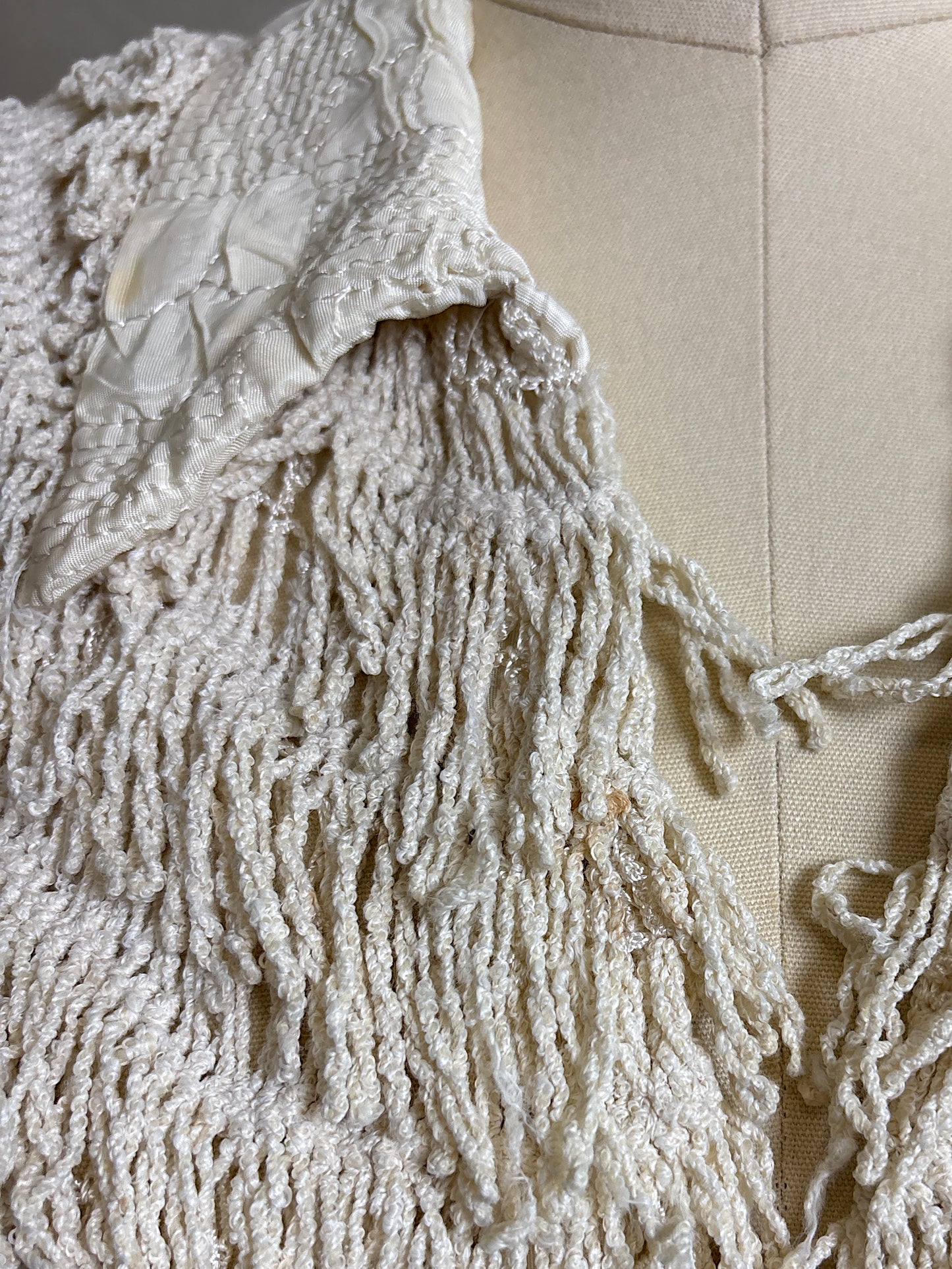 Antique 1920's Shawl - Bone White Silk Chenille Fringe with Taffeta | S, M, LG