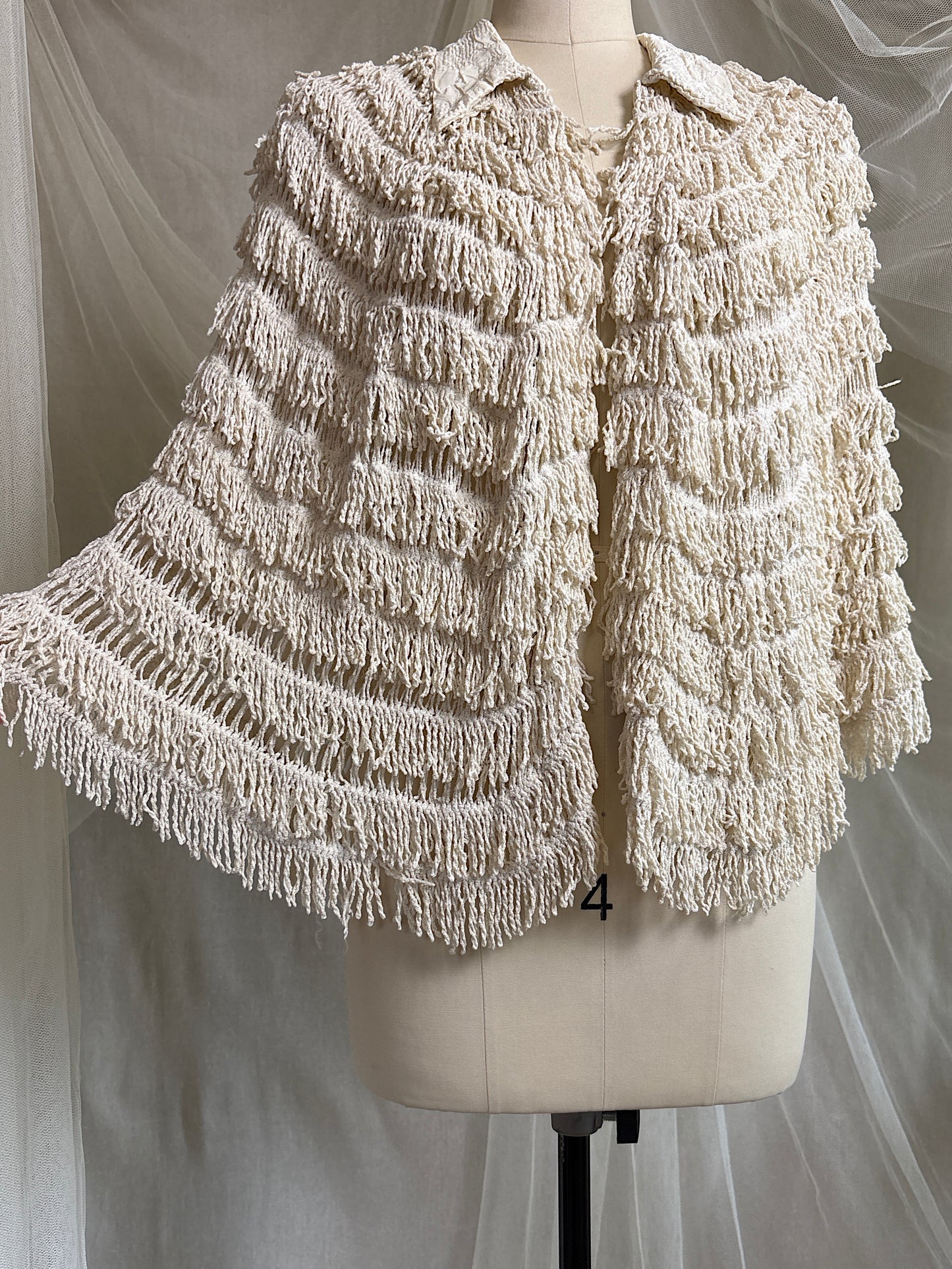 Antique 1920's Shawl - Bone White Silk Chenille Fringe with Taffeta | S, M, LG