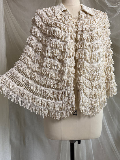 Antique 1920's Shawl - Bone White Silk Chenille Fringe with Taffeta | S, M, LG