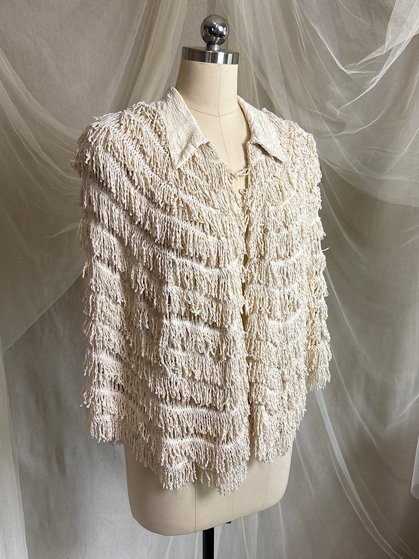 Antique 1920's Shawl - Bone White Silk Chenille Fringe with Taffeta | S, M, LG