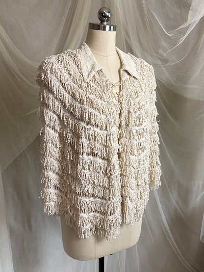 Antique 1920's Shawl - Bone White Silk Chenille Fringe with Taffeta | S, M, LG