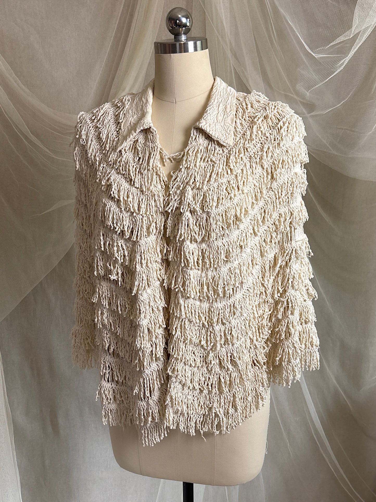 Antique 1920's Shawl - Bone White Silk Chenille Fringe with Taffeta | S, M, LG