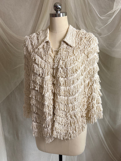 Antique 1920's Shawl - Bone White Silk Chenille Fringe with Taffeta | S, M, LG