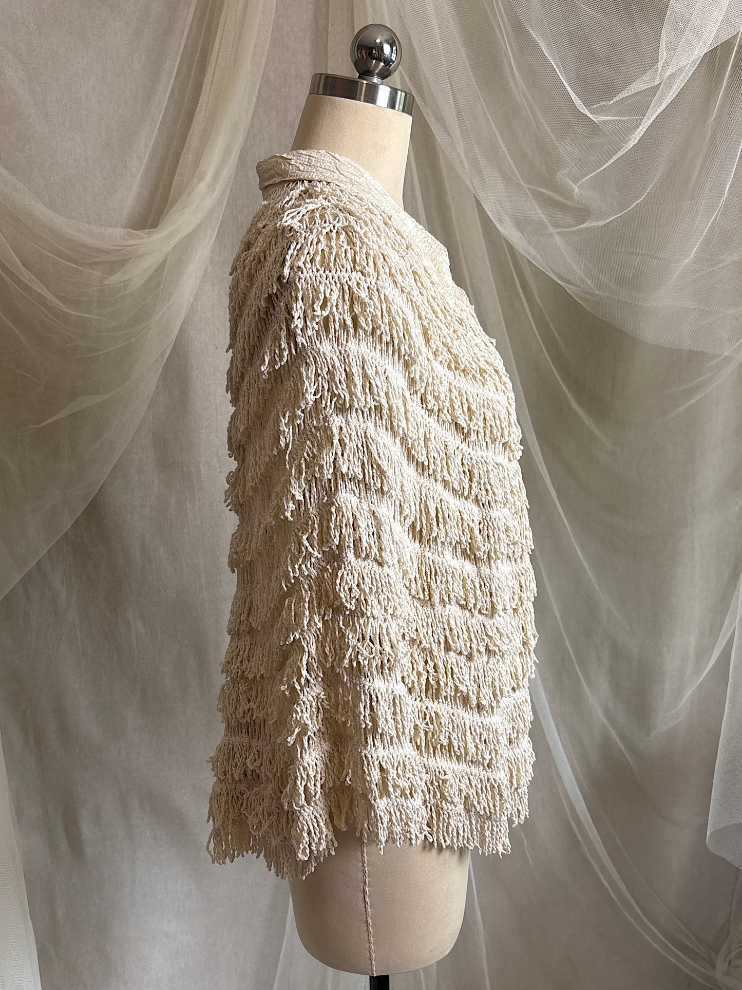 Antique 1920's Shawl - Bone White Silk Chenille Fringe with Taffeta | S, M, LG