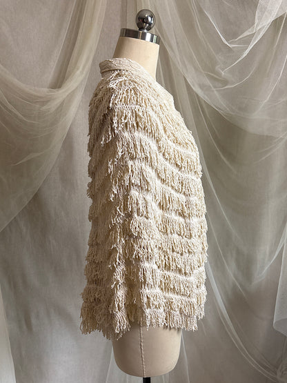 Antique 1920's Shawl - Bone White Silk Chenille Fringe with Taffeta | S, M, LG