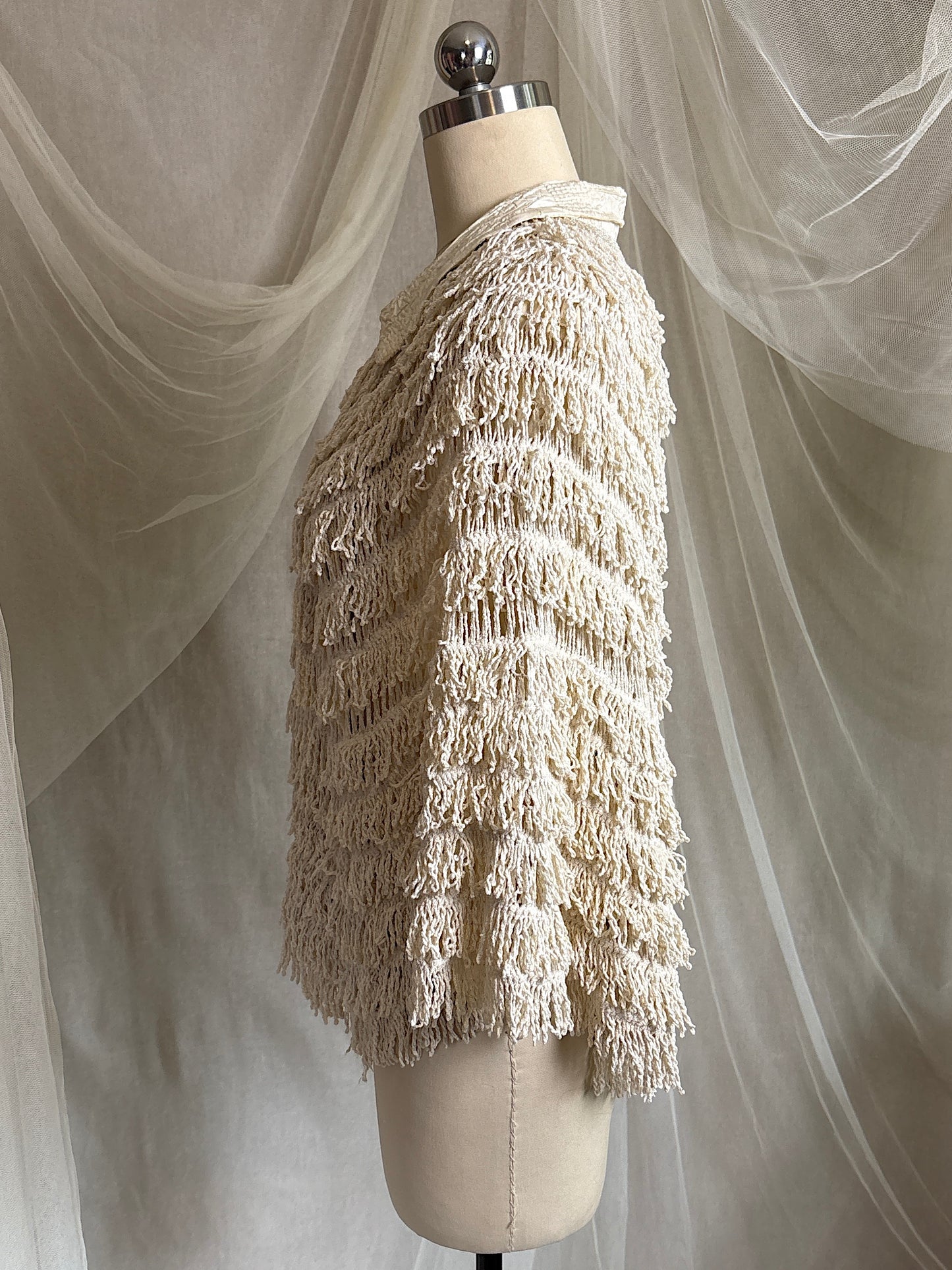 Antique 1920's Shawl - Bone White Silk Chenille Fringe with Taffeta | S, M, LG