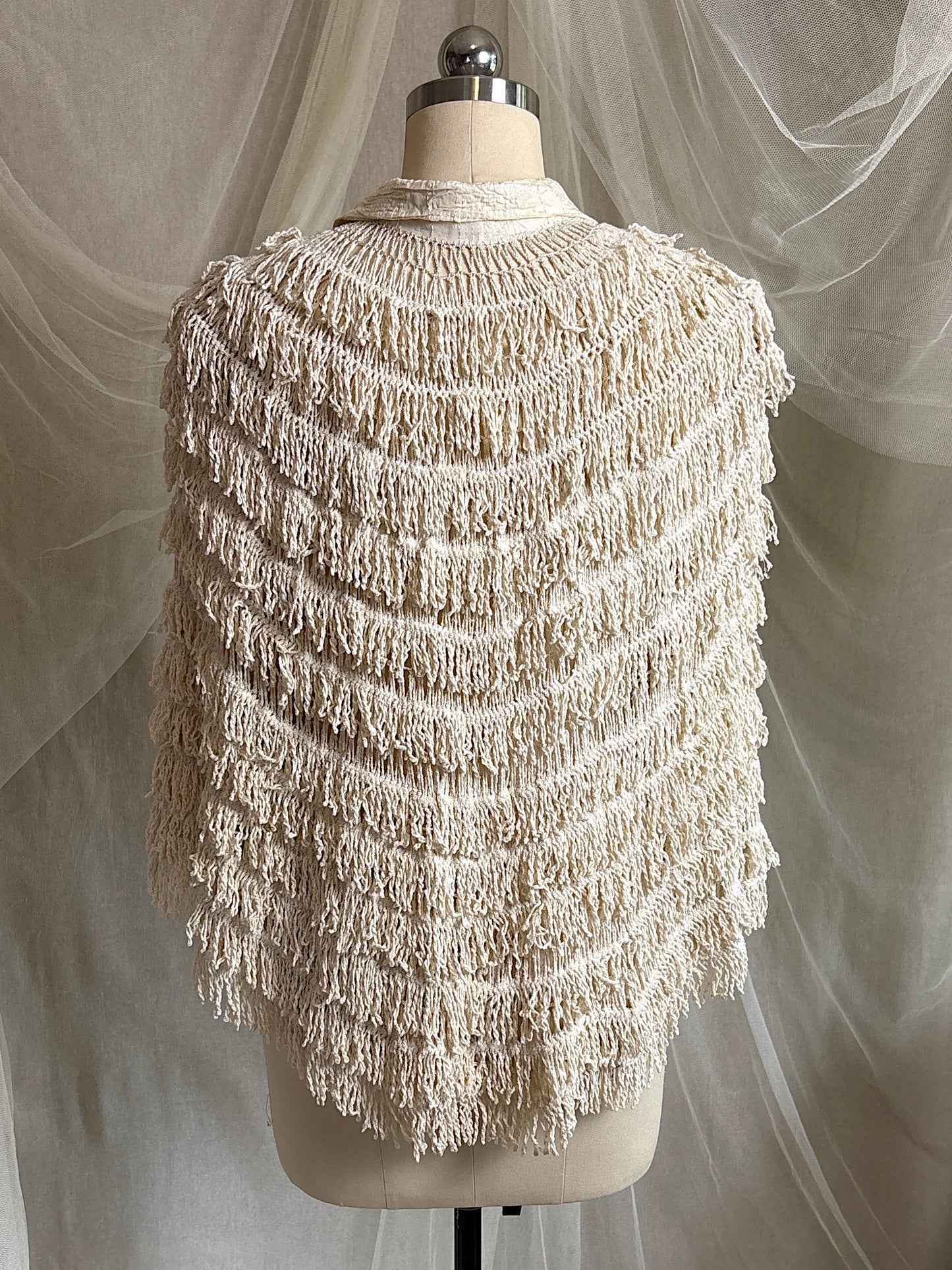 Antique 1920's Shawl - Bone White Silk Chenille Fringe with Taffeta | S, M, LG
