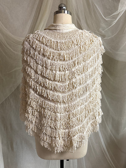 Antique 1920's Shawl - Bone White Silk Chenille Fringe with Taffeta | S, M, LG
