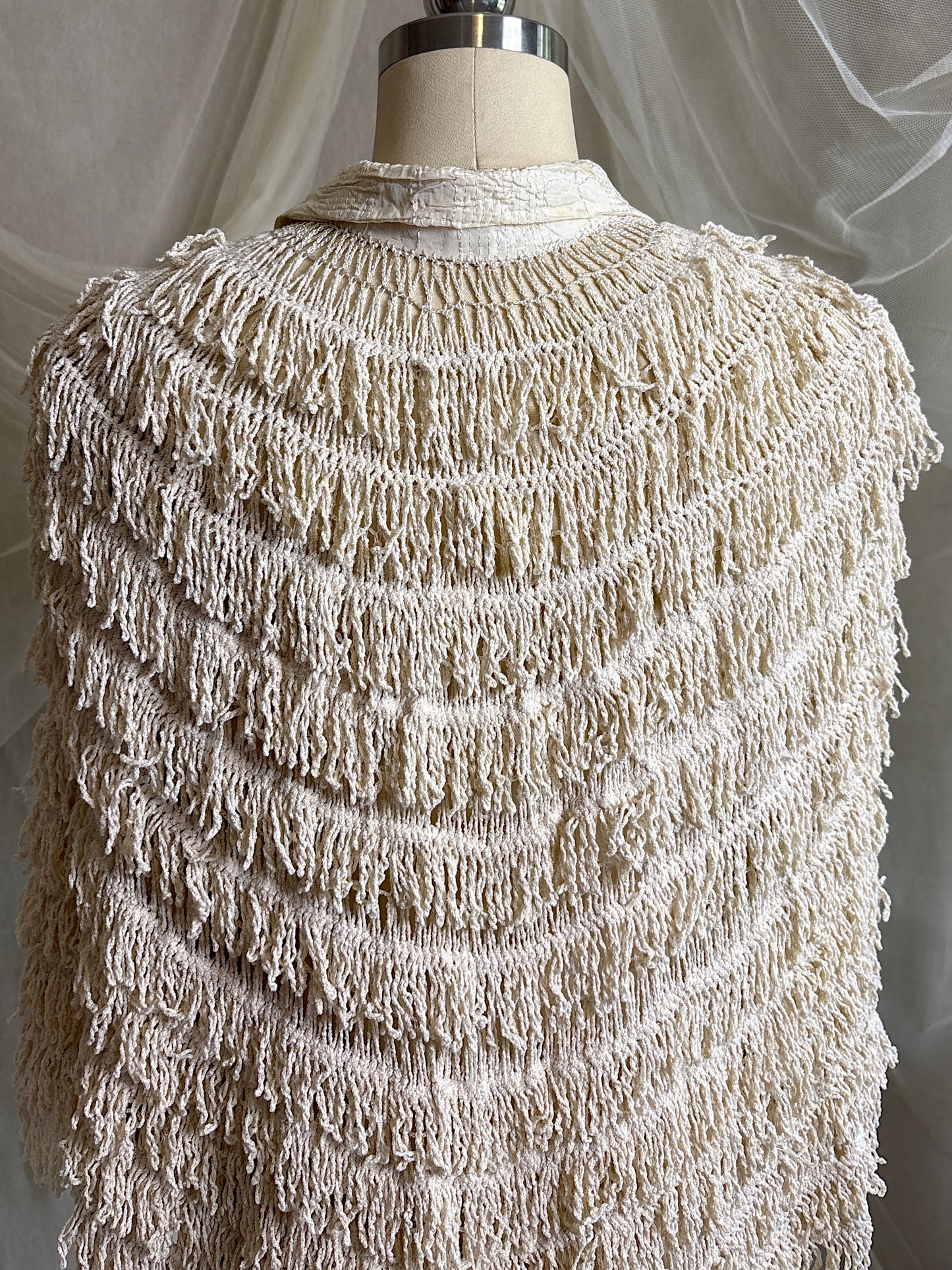 Antique 1920's Shawl - Bone White Silk Chenille Fringe with Taffeta | S, M, LG