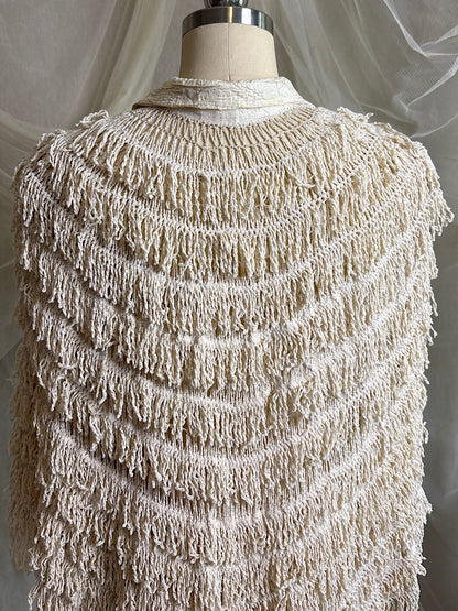 Antique 1920's Shawl - Bone White Silk Chenille Fringe with Taffeta | S, M, LG