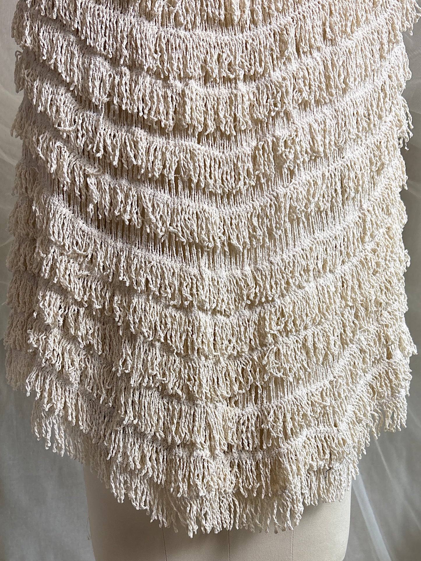 Antique 1920's Shawl - Bone White Silk Chenille Fringe with Taffeta | S, M, LG