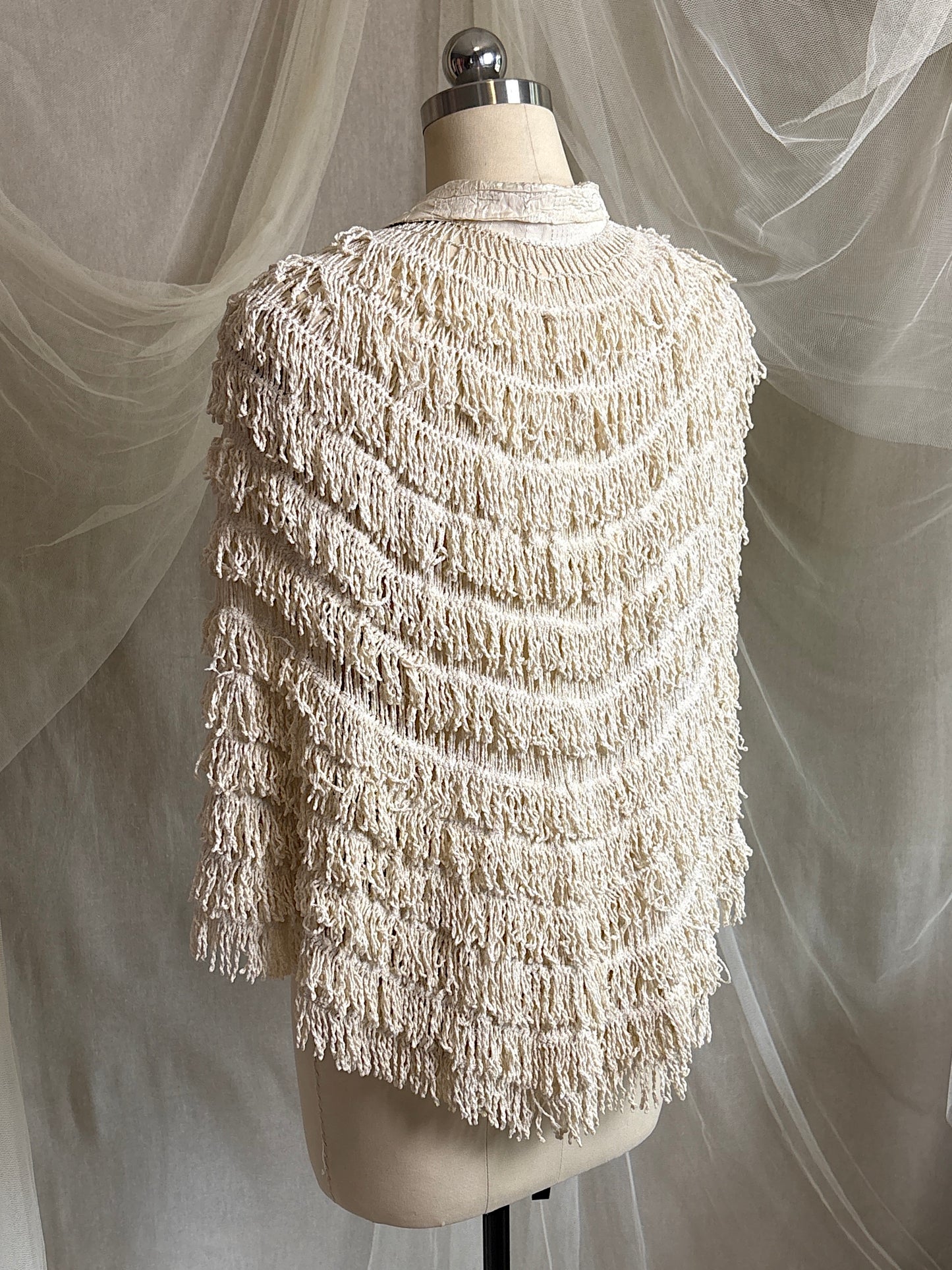 Antique 1920's Shawl - Bone White Silk Chenille Fringe with Taffeta | S, M, LG