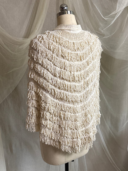 Antique 1920's Shawl - Bone White Silk Chenille Fringe with Taffeta | S, M, LG