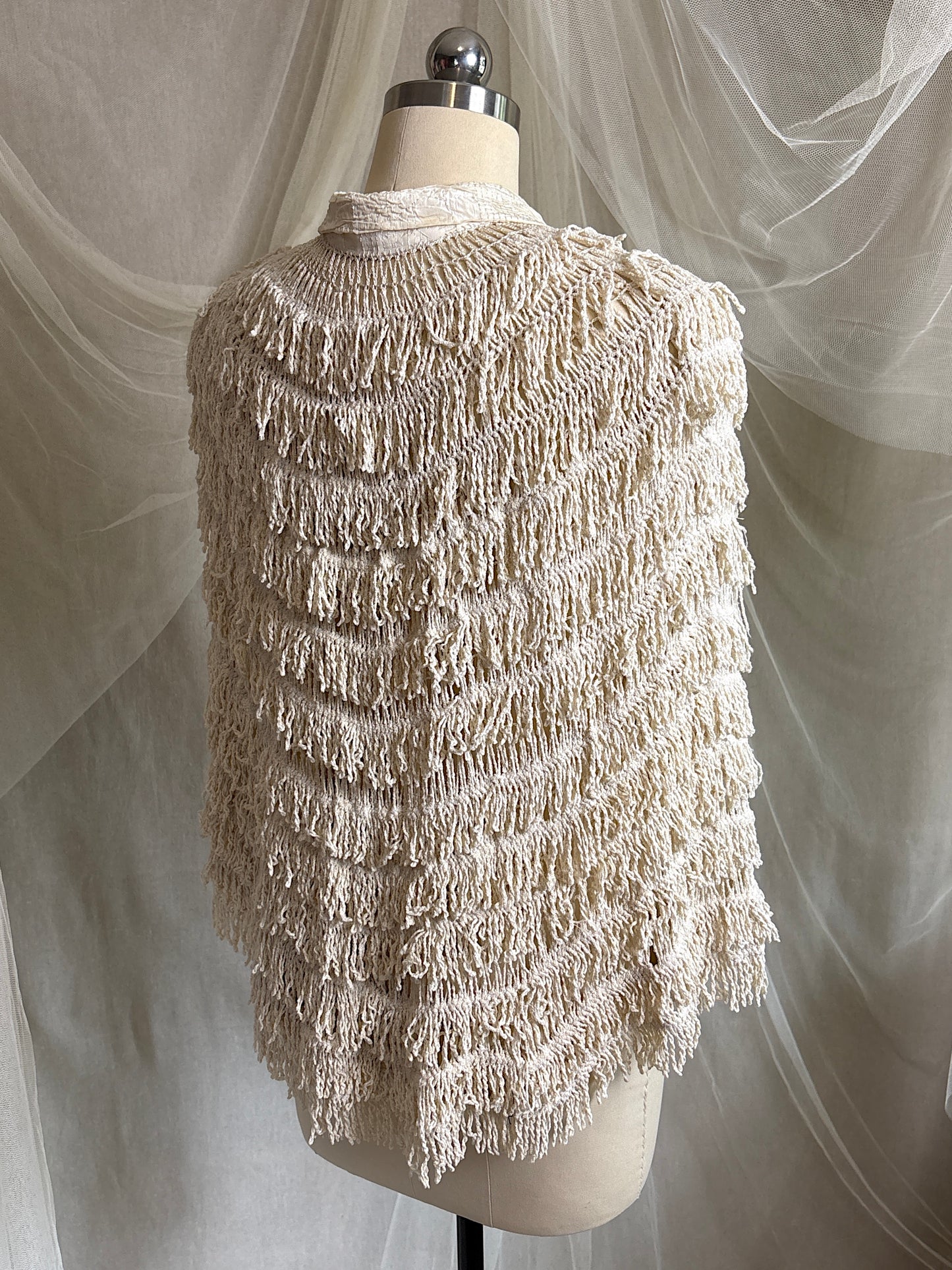Antique 1920's Shawl - Bone White Silk Chenille Fringe with Taffeta | S, M, LG