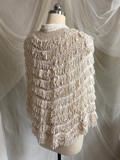Antique 1920's Shawl - Bone White Silk Chenille Fringe with Taffeta | S, M, LG