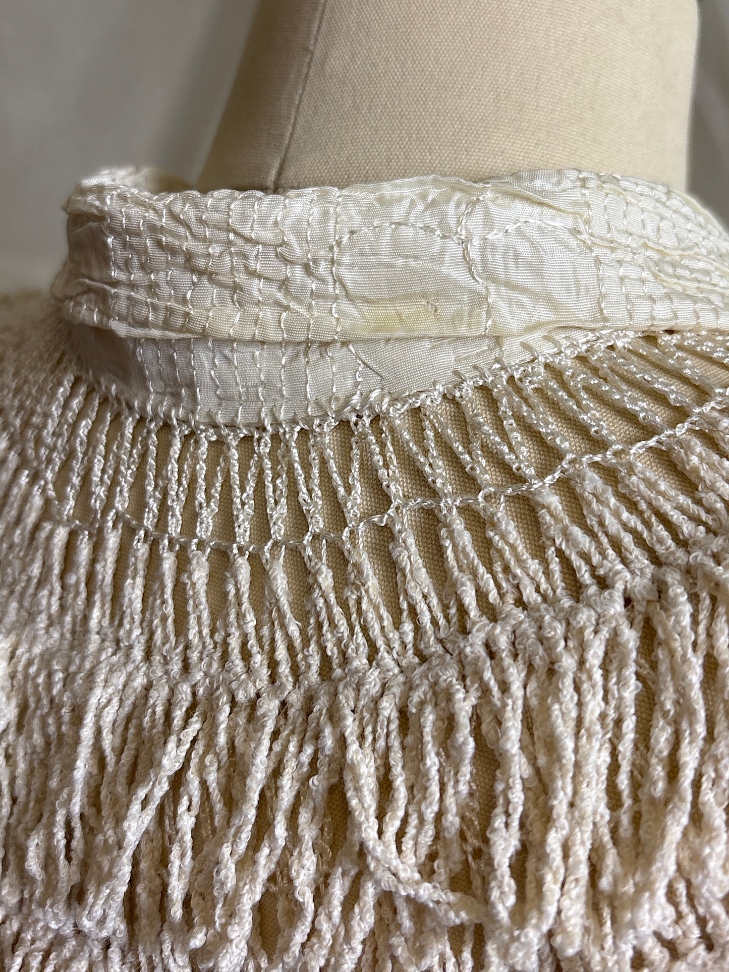 Antique 1920's Shawl - Bone White Silk Chenille Fringe with Taffeta | S, M, LG