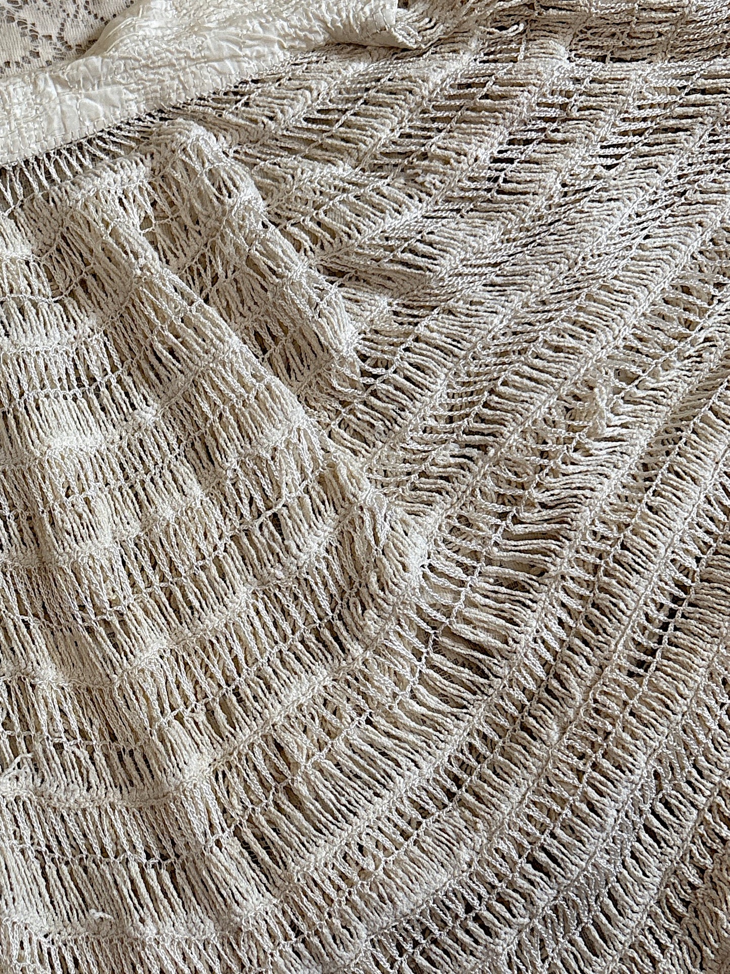 Antique 1920's Shawl - Bone White Silk Chenille Fringe with Taffeta | S, M, LG