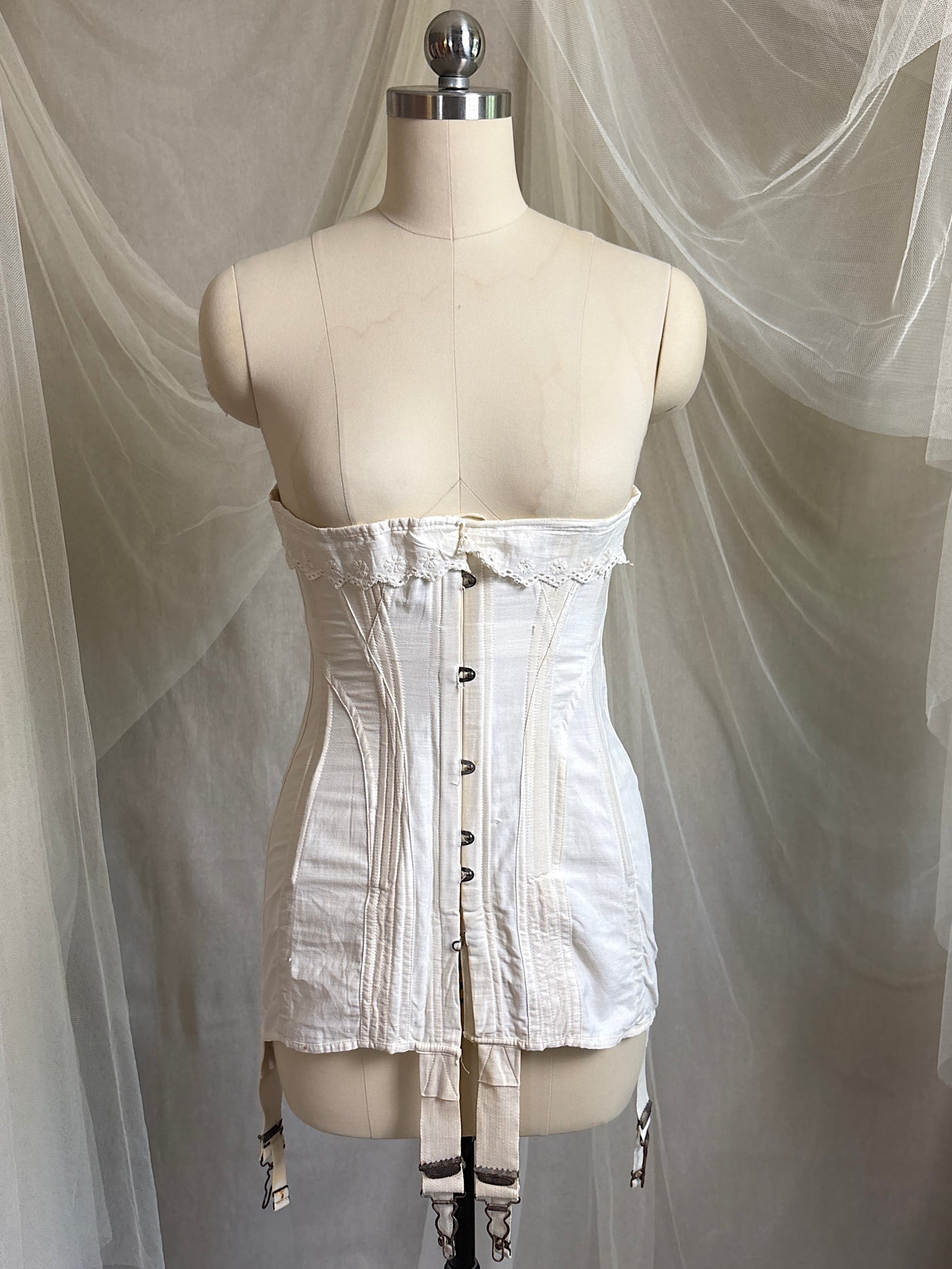 Antique 1910's S Bend Corset - Ivory Cotton Coutil with Ruffled Eyelet Cotton Frill by W.T. Sta-Bone
