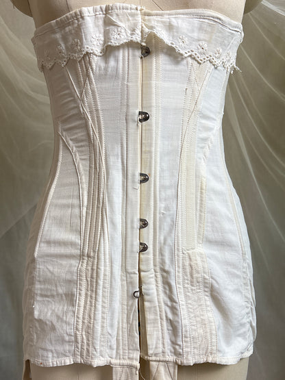 Antique 1910's S Bend Corset - Ivory Cotton Coutil with Ruffled Eyelet Cotton Frill by W.T. Sta-Bone
