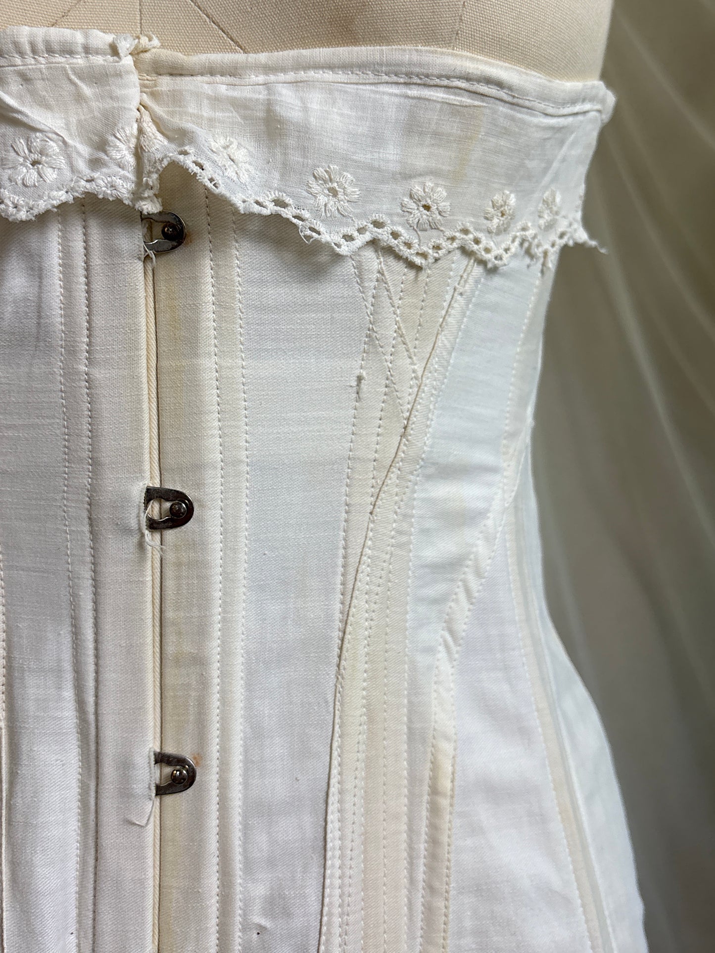 Antique 1910's S Bend Corset - Ivory Cotton Coutil with Ruffled Eyelet Cotton Frill by W.T. Sta-Bone