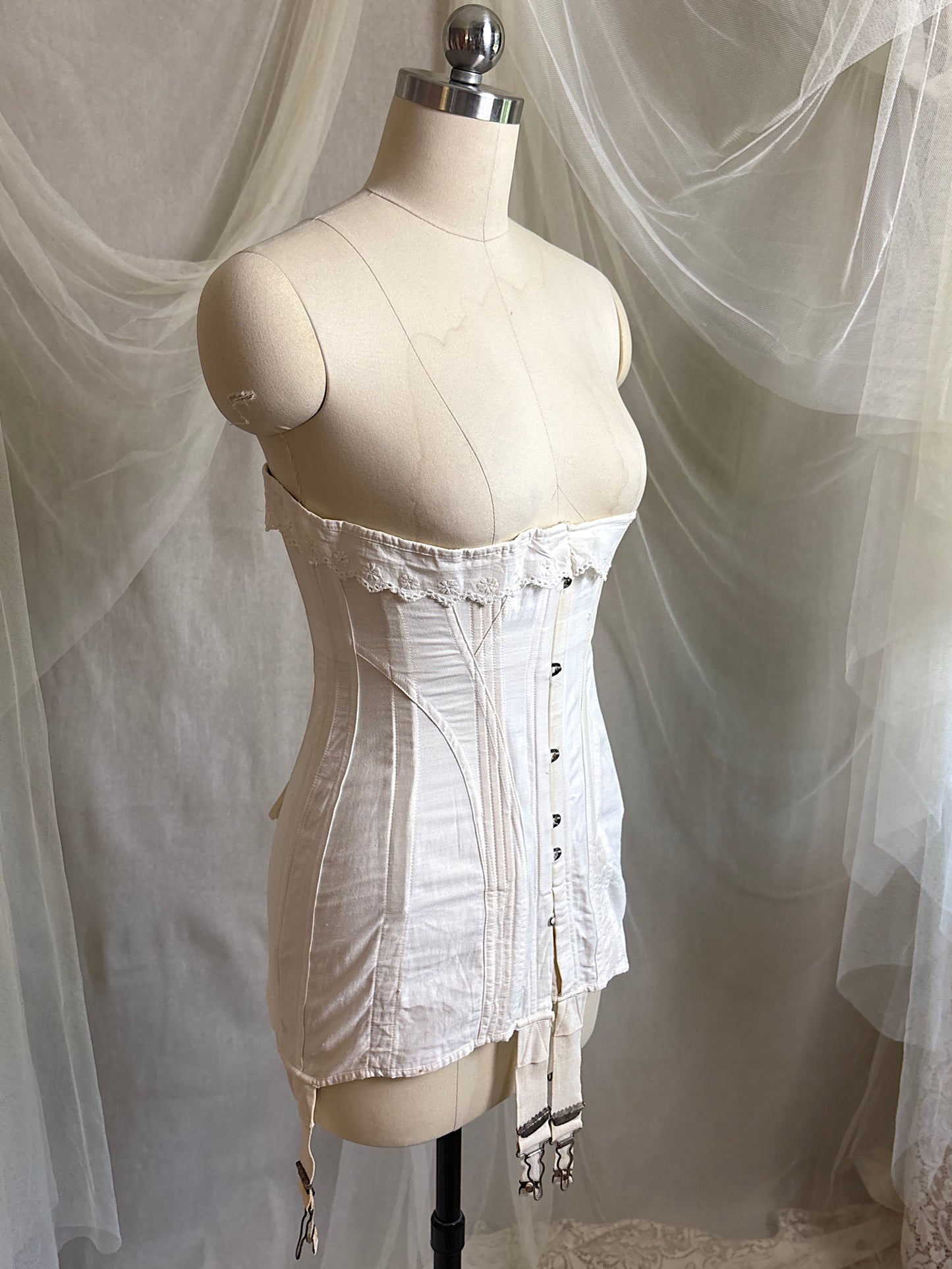 Antique 1910's S Bend Corset - Ivory Cotton Coutil with Ruffled Eyelet Cotton Frill by W.T. Sta-Bone