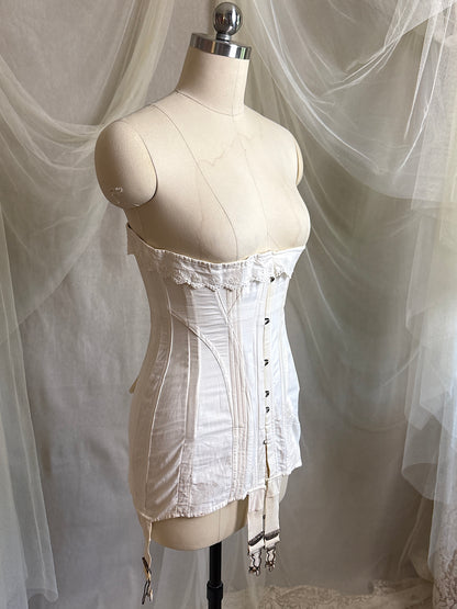 Antique 1910's S Bend Corset - Ivory Cotton Coutil with Ruffled Eyelet Cotton Frill by W.T. Sta-Bone