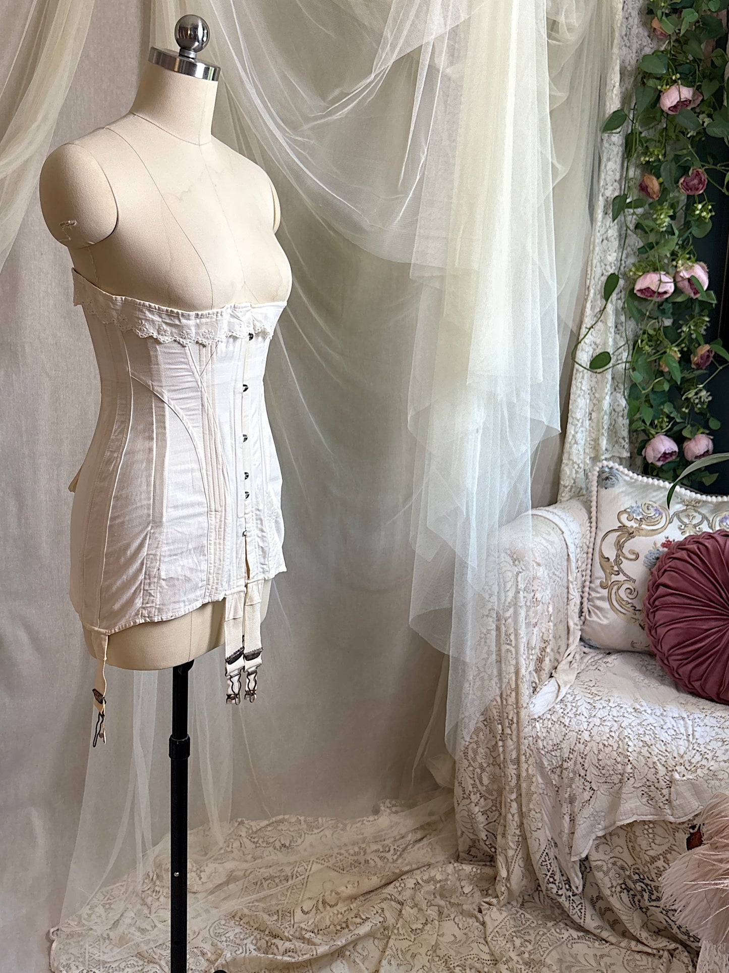 Antique 1910's S Bend Corset - Ivory Cotton Coutil with Ruffled Eyelet Cotton Frill by W.T. Sta-Bone