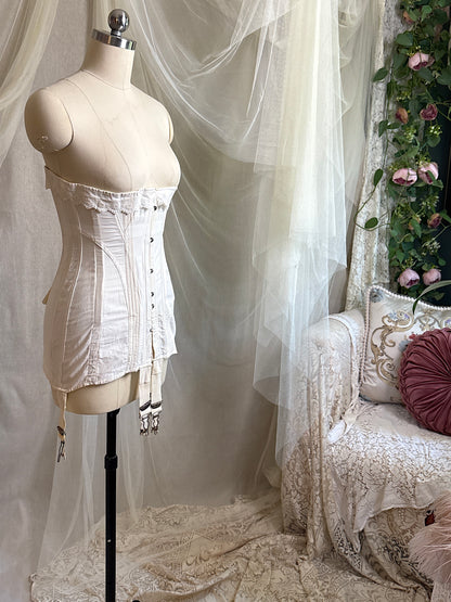 Antique 1910's S Bend Corset - Ivory Cotton Coutil with Ruffled Eyelet Cotton Frill by W.T. Sta-Bone