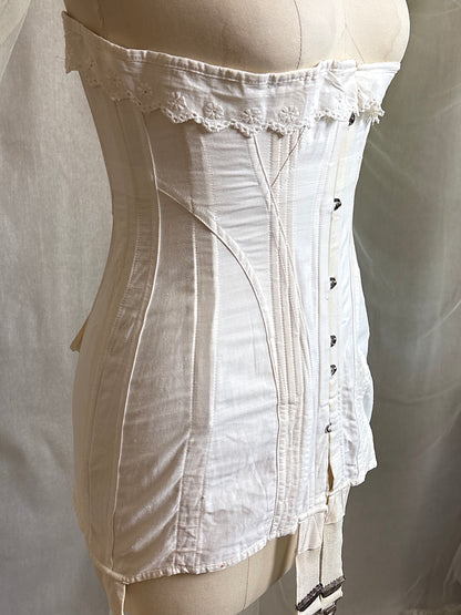 Antique 1910's S Bend Corset - Ivory Cotton Coutil with Ruffled Eyelet Cotton Frill by W.T. Sta-Bone