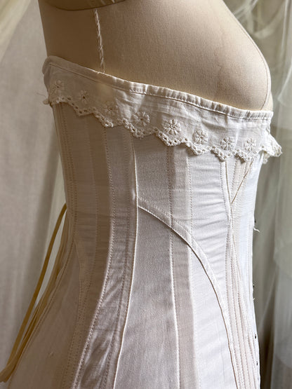 Antique 1910's S Bend Corset - Ivory Cotton Coutil with Ruffled Eyelet Cotton Frill by W.T. Sta-Bone
