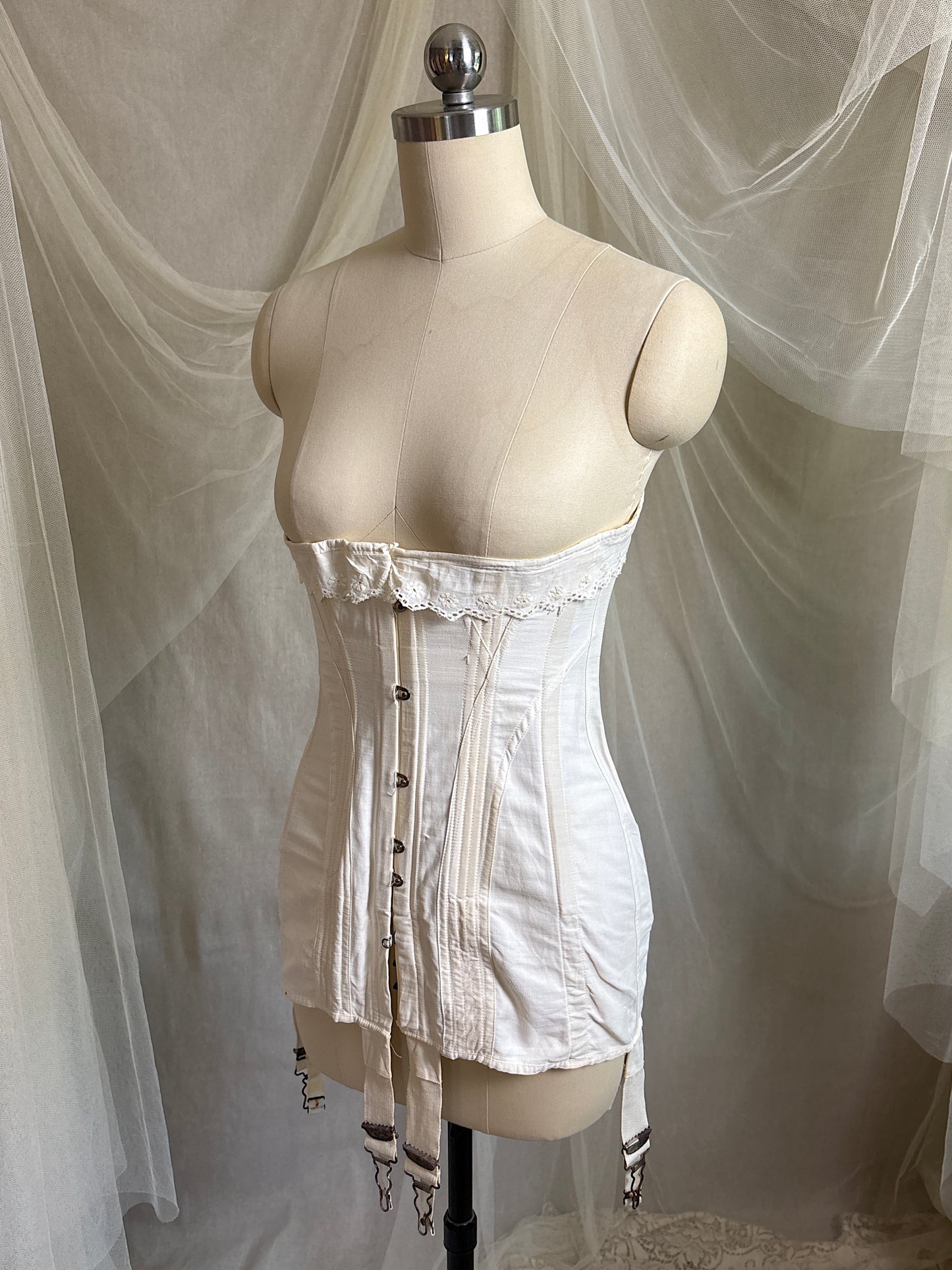 Antique 1910's S Bend Corset - Ivory Cotton Coutil with Ruffled Eyelet Cotton Frill by W.T. Sta-Bone