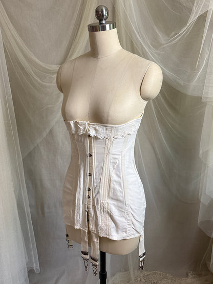 Antique 1910's S Bend Corset - Ivory Cotton Coutil with Ruffled Eyelet Cotton Frill by W.T. Sta-Bone