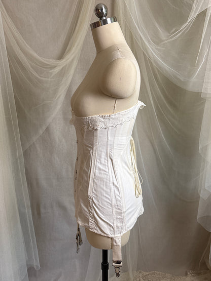 Antique 1910's S Bend Corset - Ivory Cotton Coutil with Ruffled Eyelet Cotton Frill by W.T. Sta-Bone