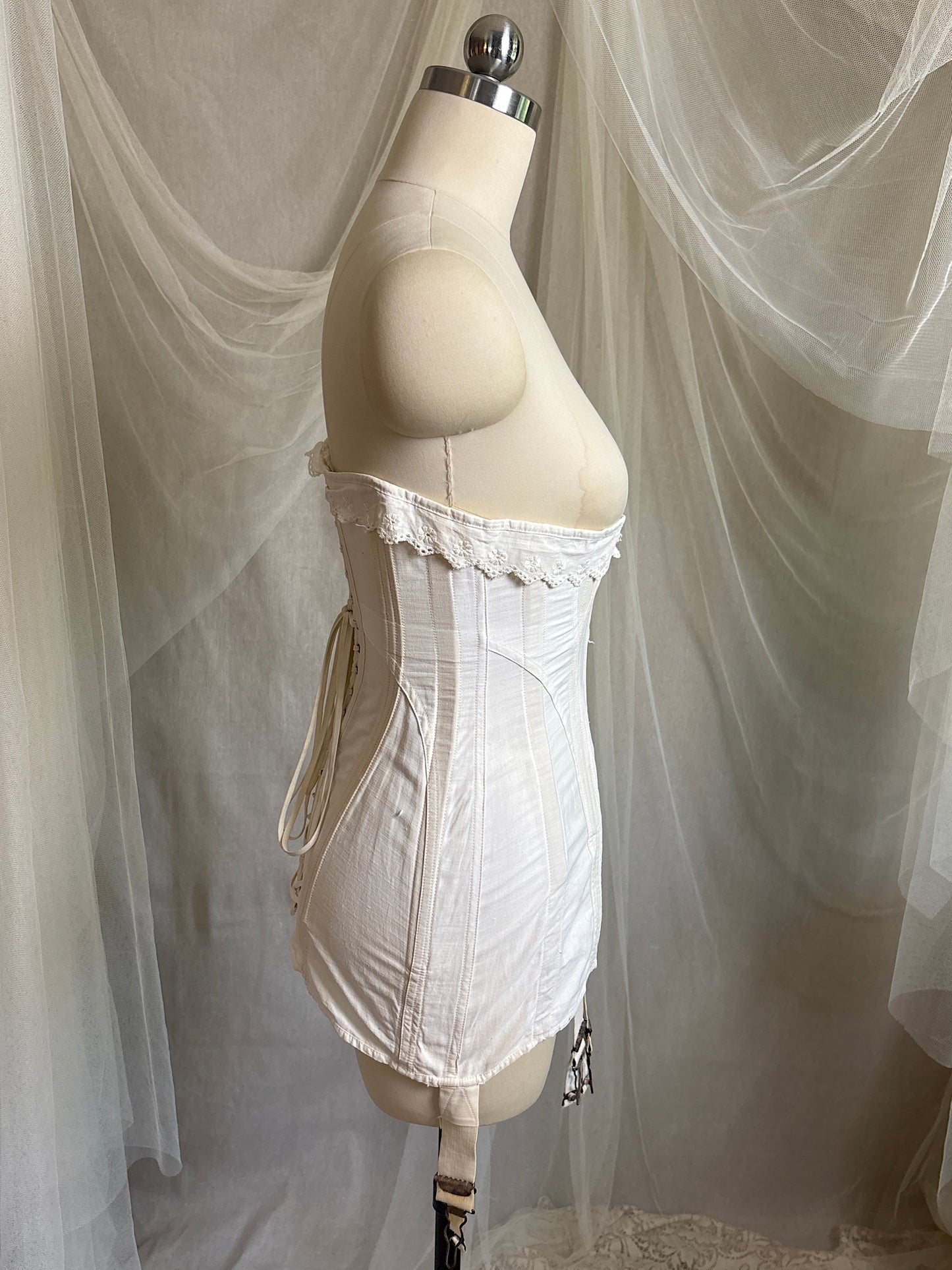 Antique 1910's S Bend Corset - Ivory Cotton Coutil with Ruffled Eyelet Cotton Frill by W.T. Sta-Bone