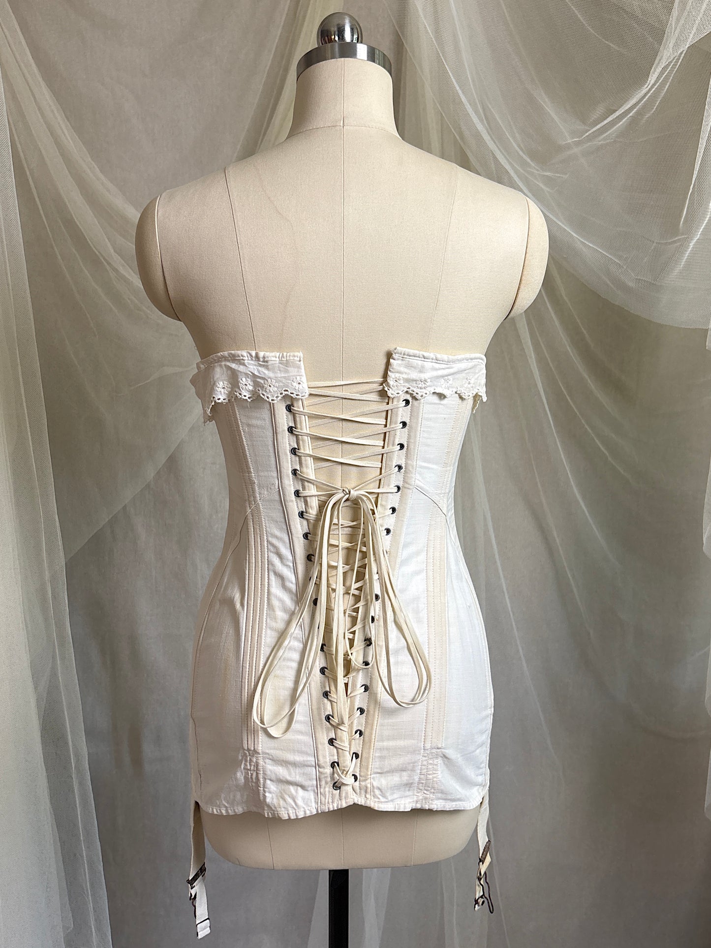 Antique 1910's S Bend Corset - Ivory Cotton Coutil with Ruffled Eyelet Cotton Frill by W.T. Sta-Bone