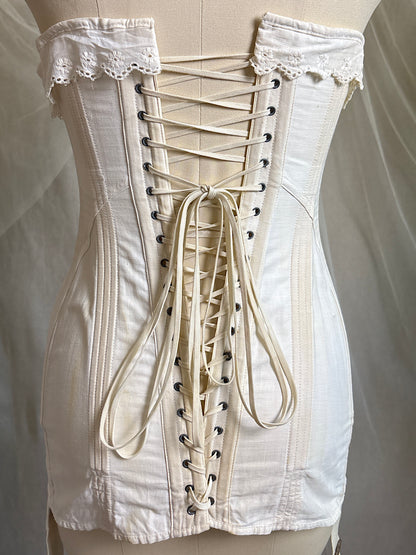 Antique 1910's S Bend Corset - Ivory Cotton Coutil with Ruffled Eyelet Cotton Frill by W.T. Sta-Bone