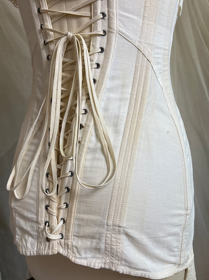 Antique 1910's S Bend Corset - Ivory Cotton Coutil with Ruffled Eyelet Cotton Frill by W.T. Sta-Bone