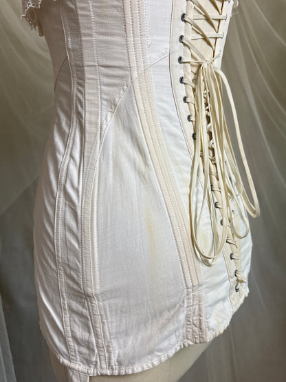 Antique 1910's S Bend Corset - Ivory Cotton Coutil with Ruffled Eyelet Cotton Frill by W.T. Sta-Bone