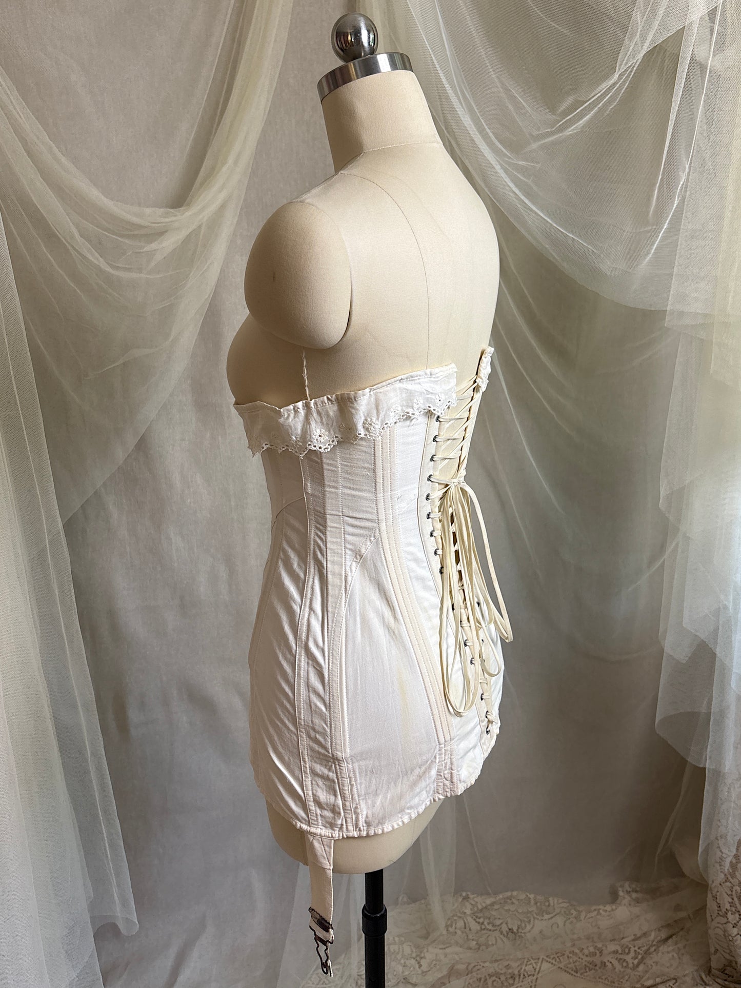 Antique 1910's S Bend Corset - Ivory Cotton Coutil with Ruffled Eyelet Cotton Frill by W.T. Sta-Bone