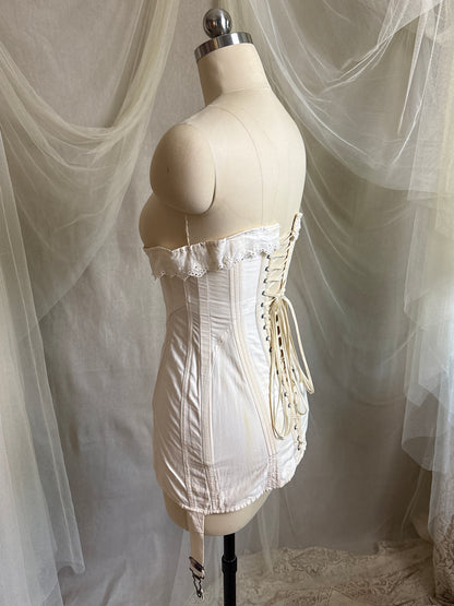 Antique 1910's S Bend Corset - Ivory Cotton Coutil with Ruffled Eyelet Cotton Frill by W.T. Sta-Bone