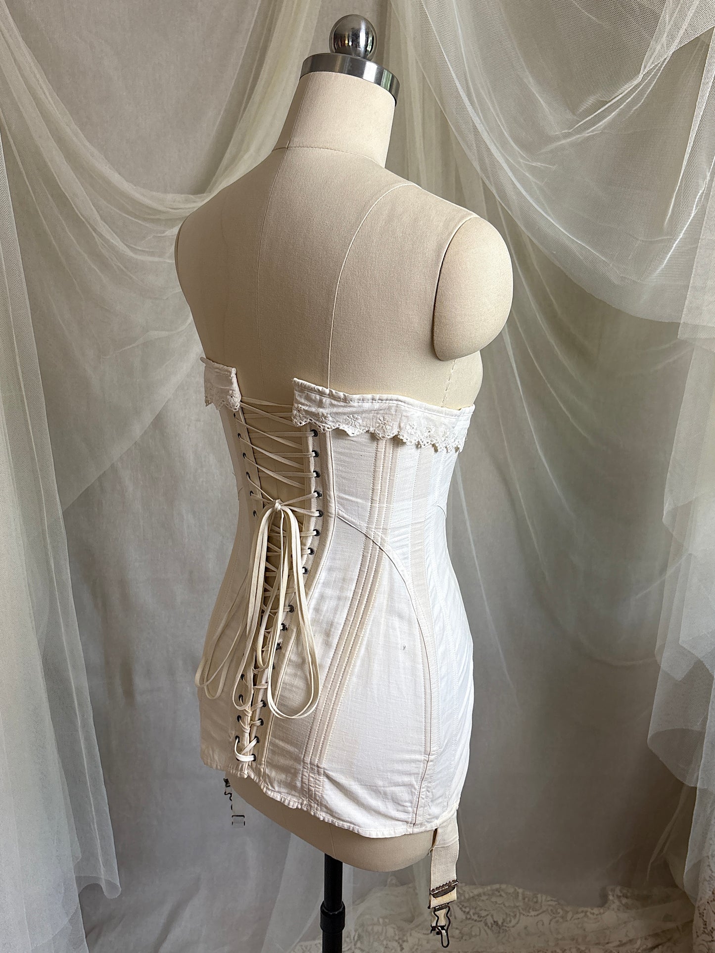Antique 1910's S Bend Corset - Ivory Cotton Coutil with Ruffled Eyelet Cotton Frill by W.T. Sta-Bone