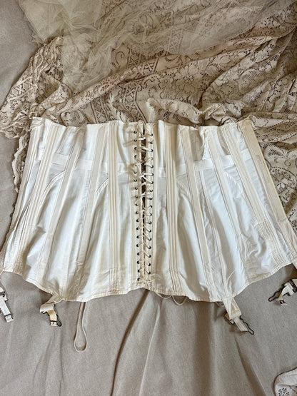 Antique 1910's S Bend Corset - Ivory Cotton Coutil with Ruffled Eyelet Cotton Frill by W.T. Sta-Bone