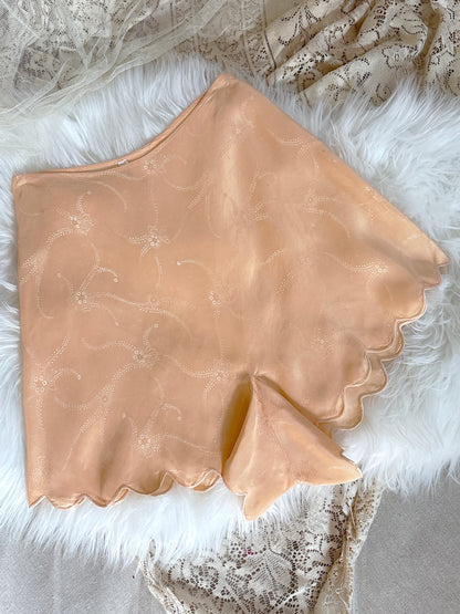 Vintage 1930's Tap Pants - Handstitched Apricot Silk with Floral Satin Damask pattern and Scalloped Hem | XS