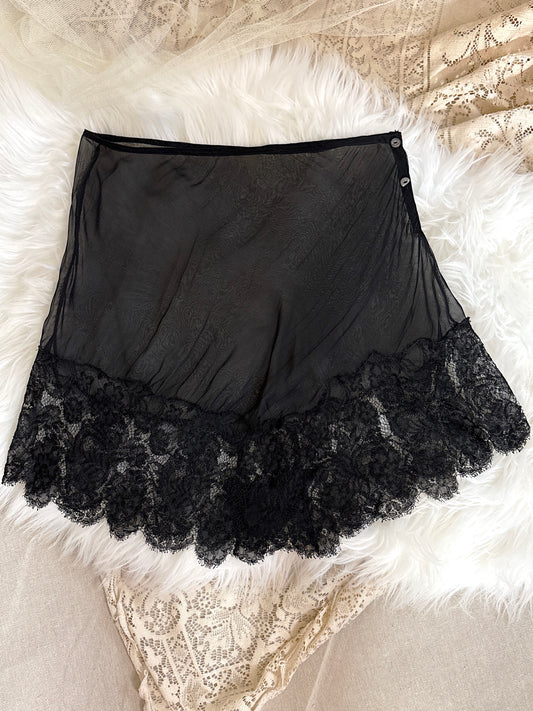Antique 1920's Tap Pants - Sheer Black Silk Chiffon with Chantilly Lace & Abalone Buttons | M