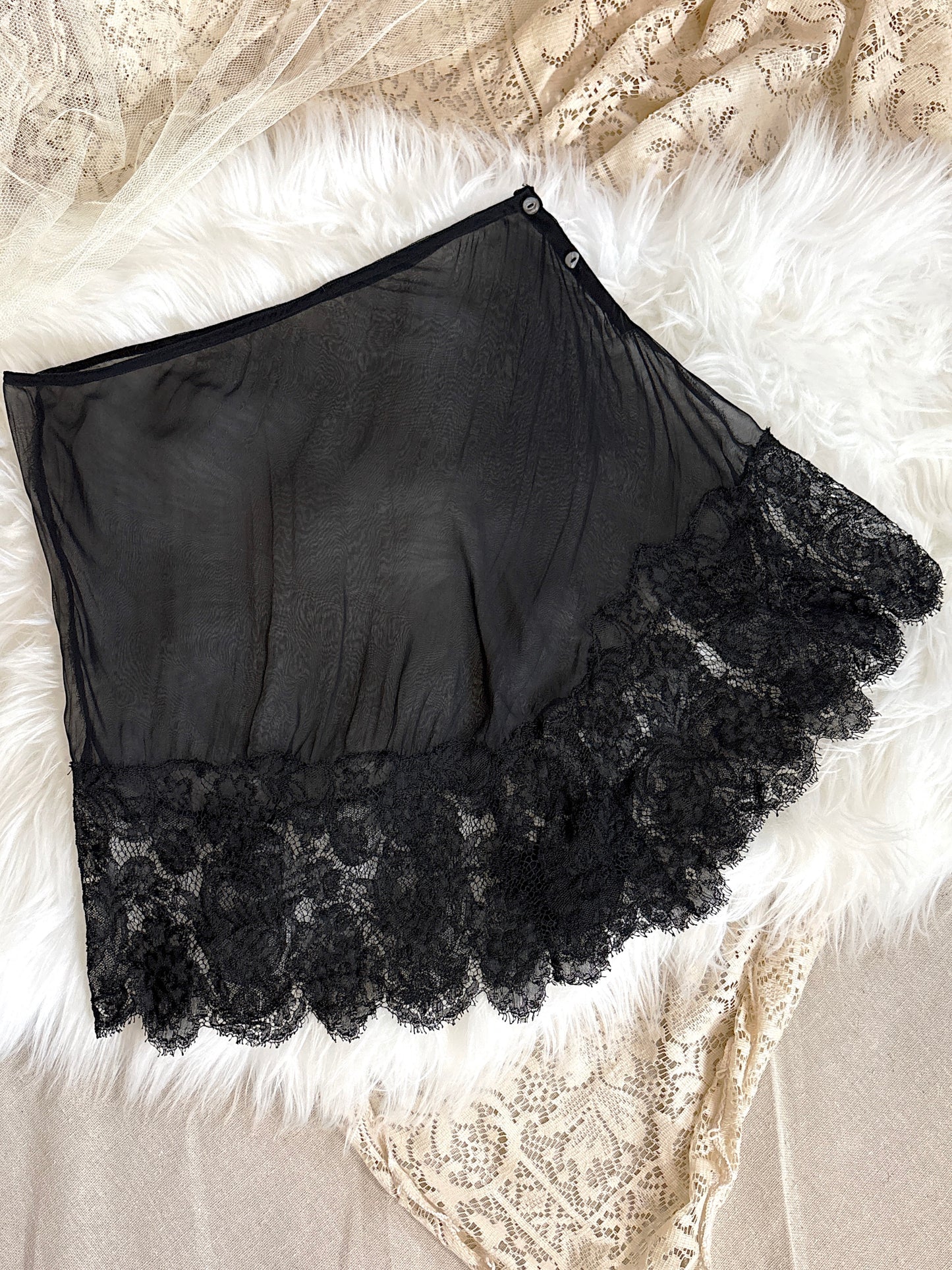 Antique 1920's Tap Pants - Sheer Black Silk Chiffon with Chantilly Lace & Abalone Buttons | M